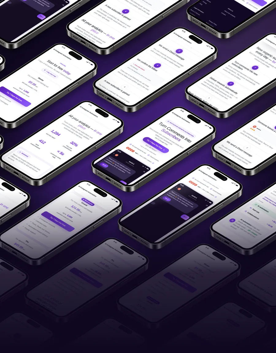 AI Instagram Automation — grid of app screens