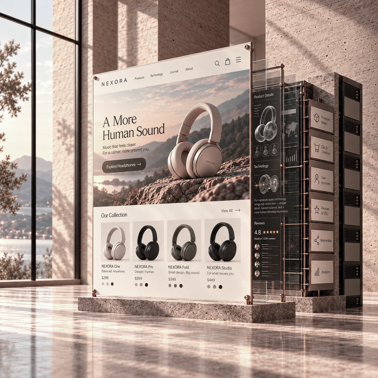 A website panel standing in front of the server stack that runs it