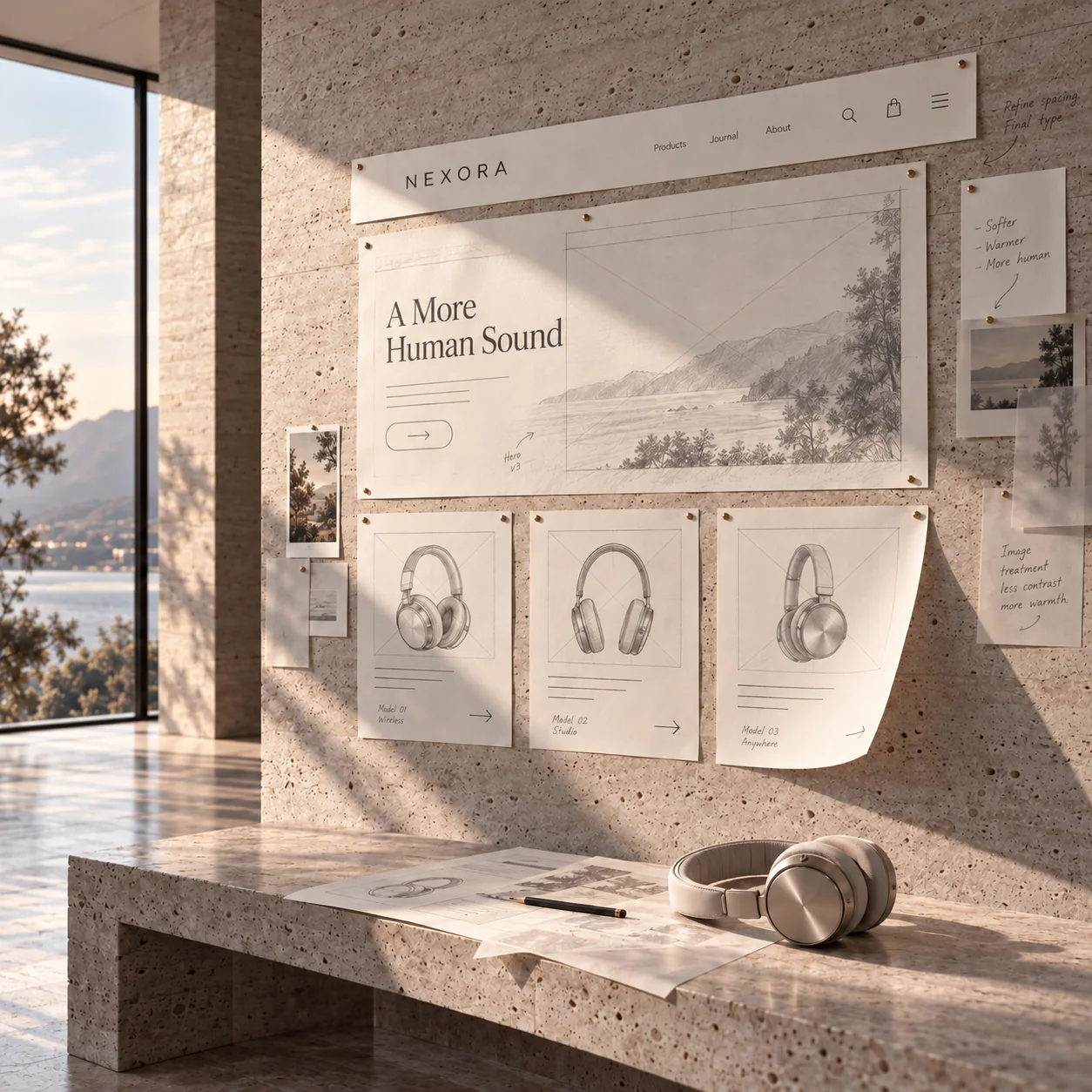 Printed website layouts pinned to a sunlit stone wall, headphones on the bench below