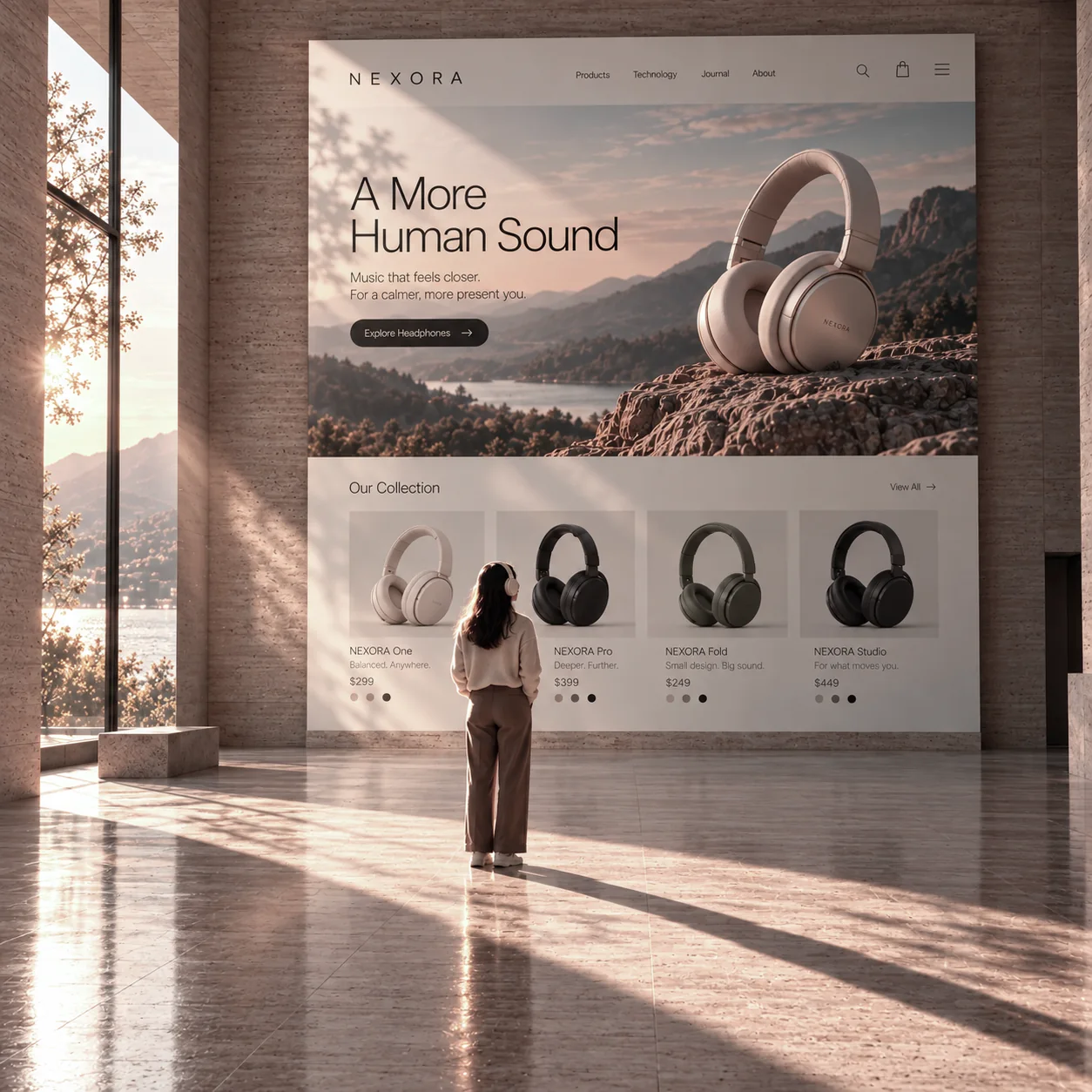 A visitor in front of a wall-sized website in a sunlit hall