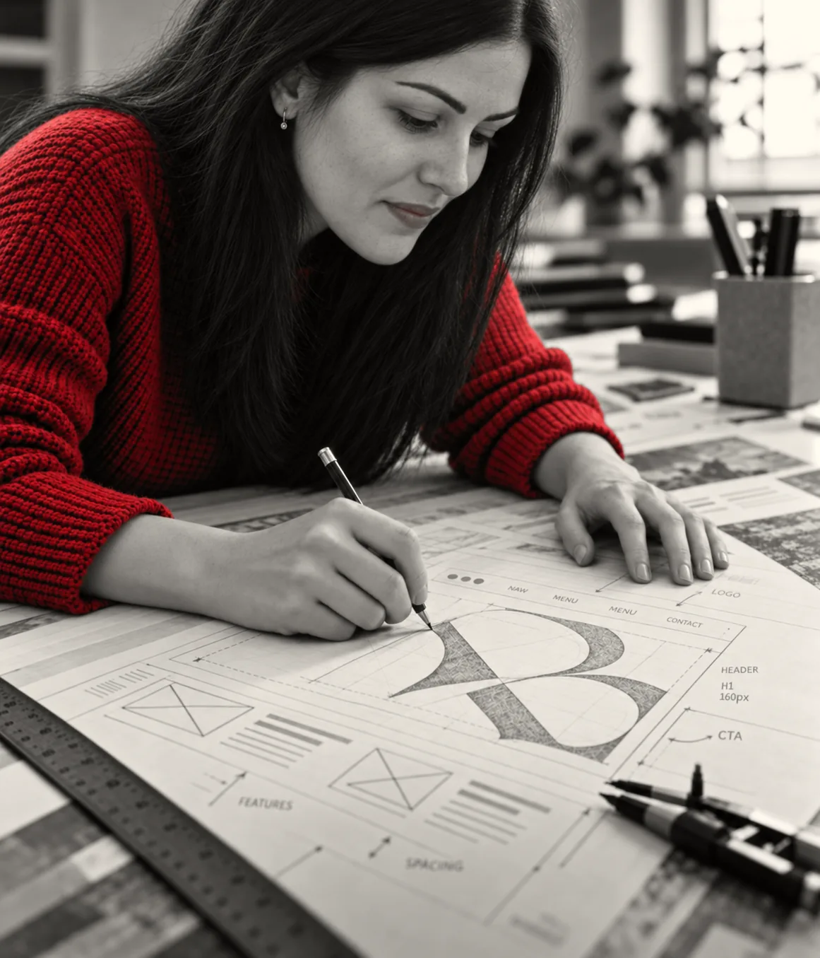 Kira sketching a letterform and page layout by hand