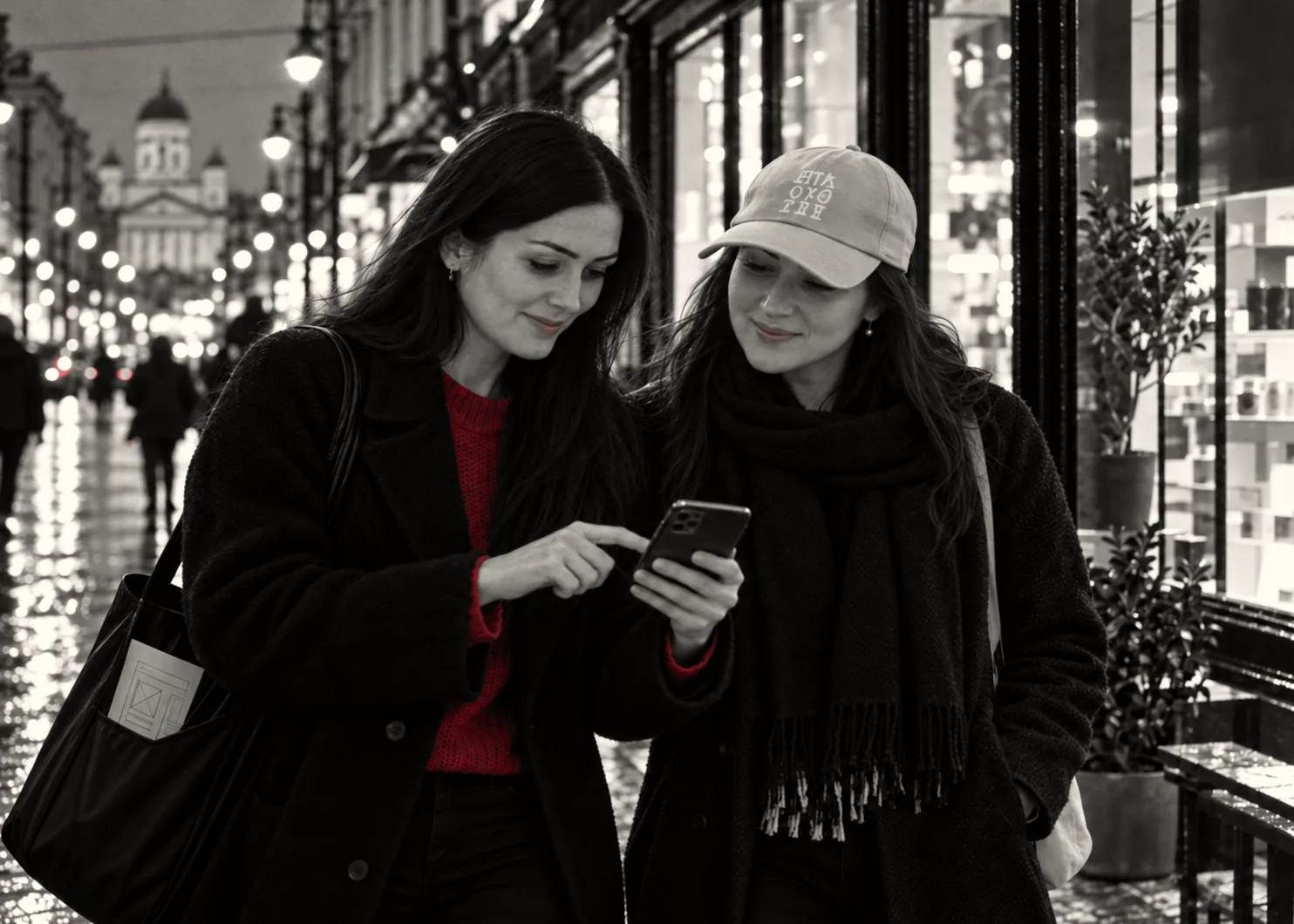 Kira and Daria looking at a phone on a rainy evening street