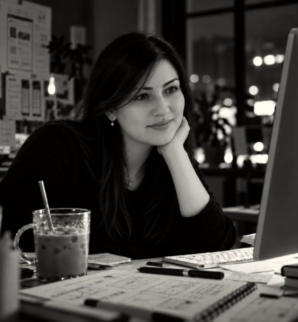 Daria, digital and product, reviewing a prototype on her monitor