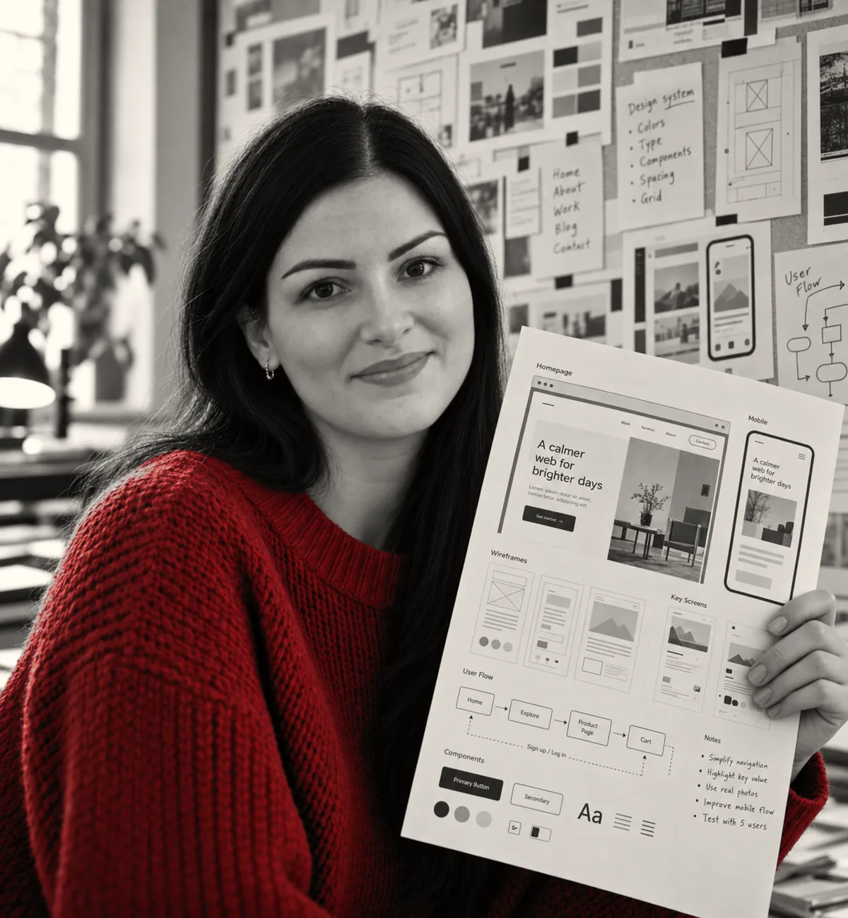 Kira, design and brand, holding a printed website layout