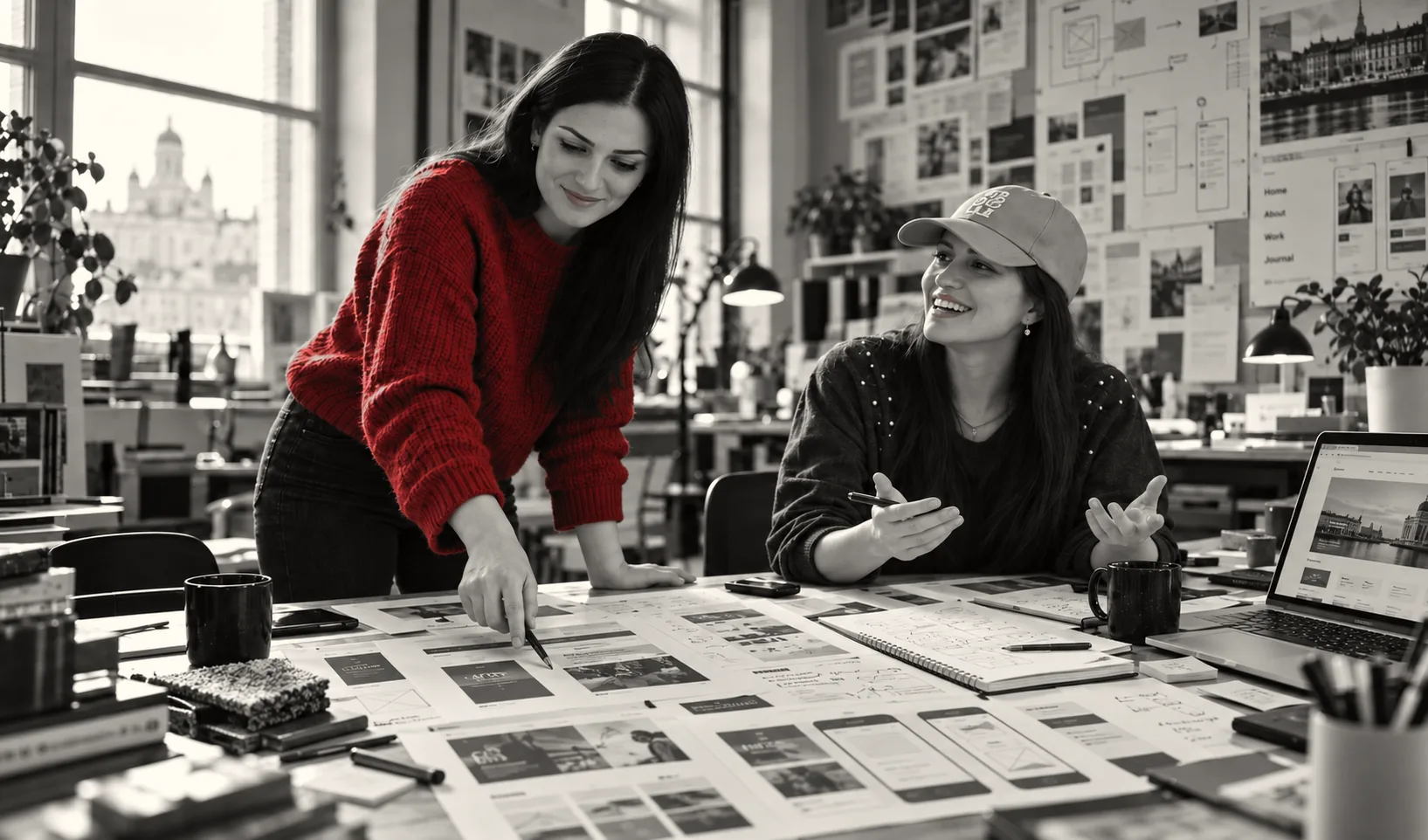 Kira and Daria discussing printed layouts at the studio table